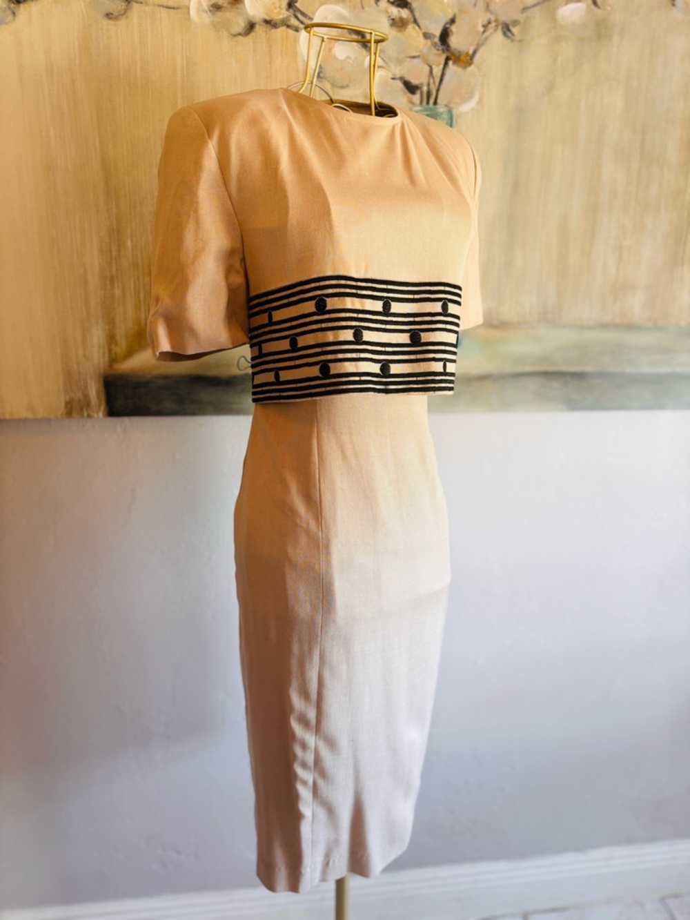Vintage Chetta B Peter Novello Beige Architectural Peplum Midi Dress 4